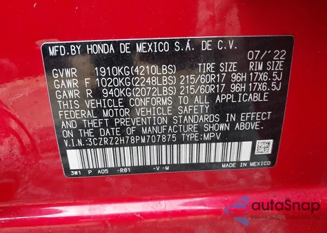 2023 Honda Hr-V Awd Ex-L from USA, damaged, VIN 3CZRZ2H78PM707875